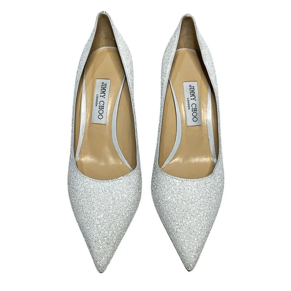 Jimmy Choo Love 85 White Coarse Glitter Heels EU 40.5 Slip On Wedding Pumps